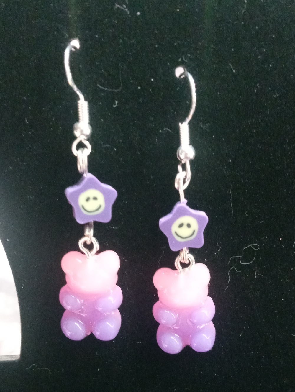 Kids Purple & Pink Gummy Bear Dangle Earrings with Smiley Star Accent